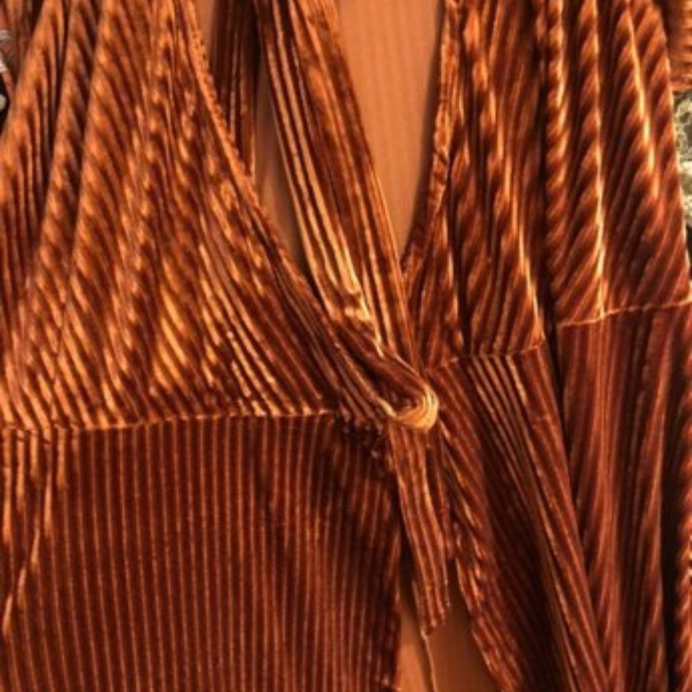 brown Wrap Knot Side High Low Hem Velvet Dress - Picture 7 of 7